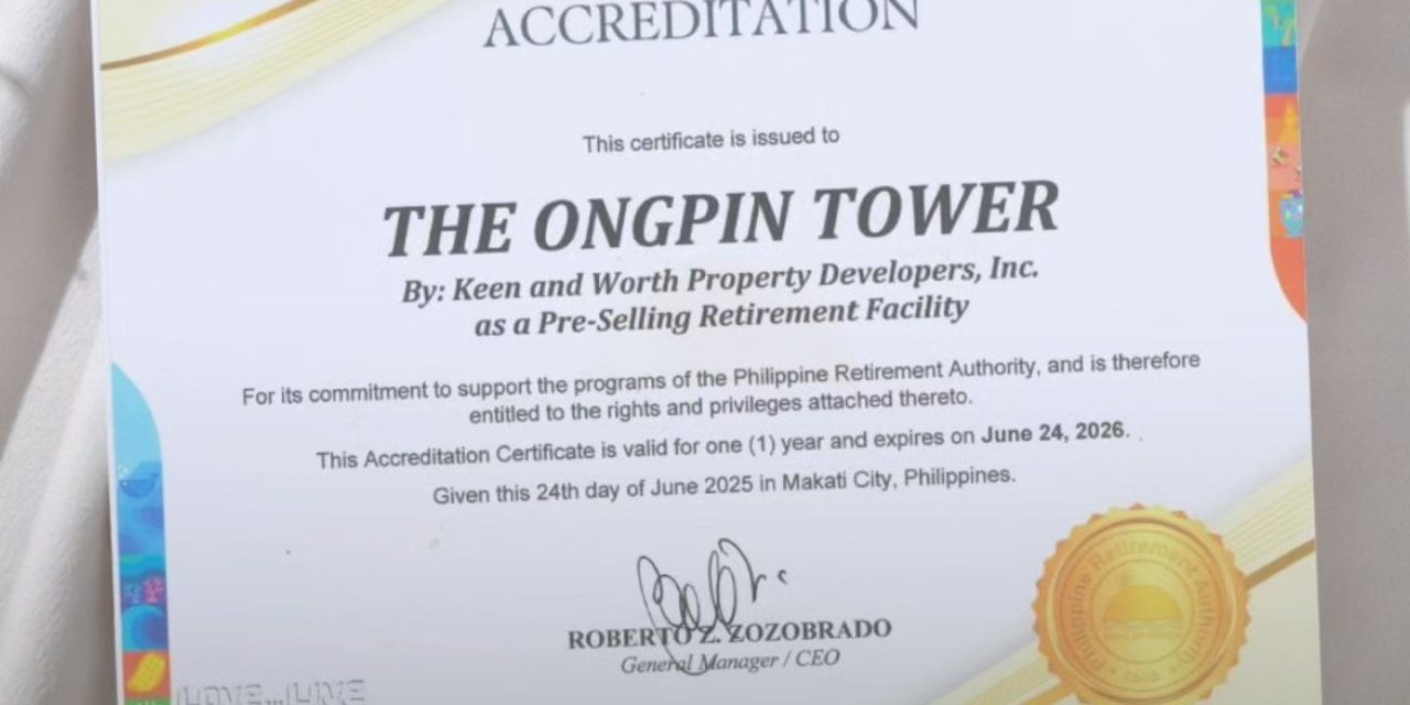 Ongpin Tower Officially Accredited as a Philippine Retirement Authority Pre-Selling Retirement Facility
